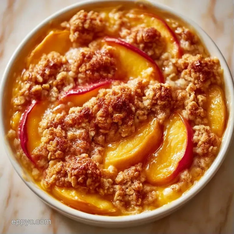 A warm scoop of fruit crumble topped with a melting dollop of vanilla ice cream on a clean white ceramic plate.