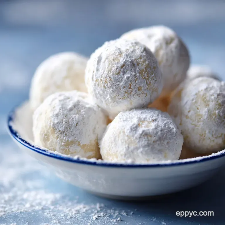 Three round, powdery white sweets arranged on a gold plate, accented by a fresh mint leaf and light sugar dust.
