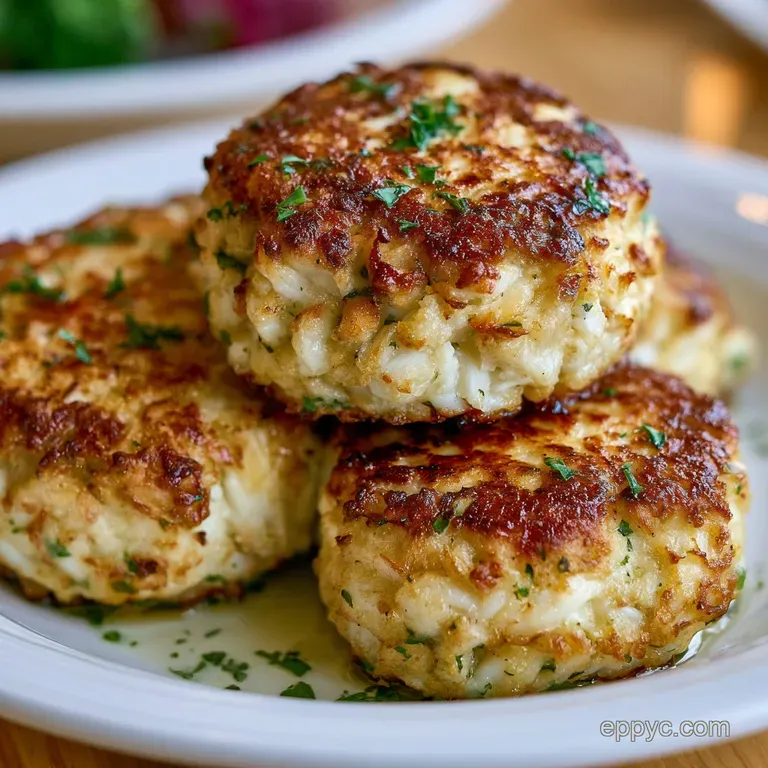 Two seared crab cakes topped with fresh parsley and lemon wedges, accented by a swirl of creamy remoulade sauce.