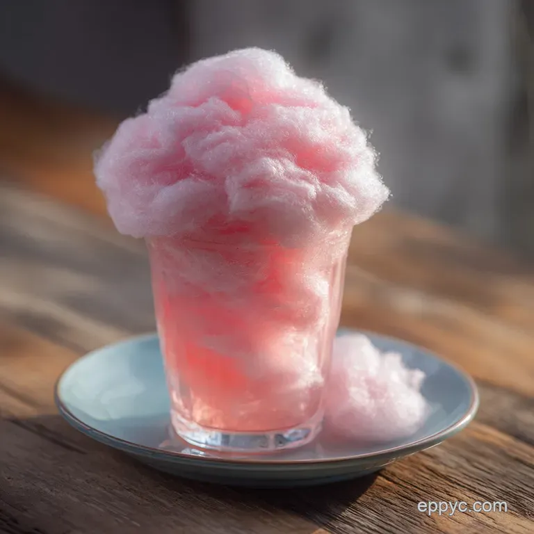 A tall glass of layered lemonade with pale pink cotton candy spilling over the rim, hinting at a sweet, fizzy treat.