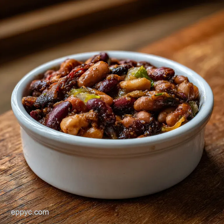 Earthy cowboy beans in a rustic bowl, garnished with fresh herbs, a dollop of sour cream, and a sprinkle of vibrant chili ...