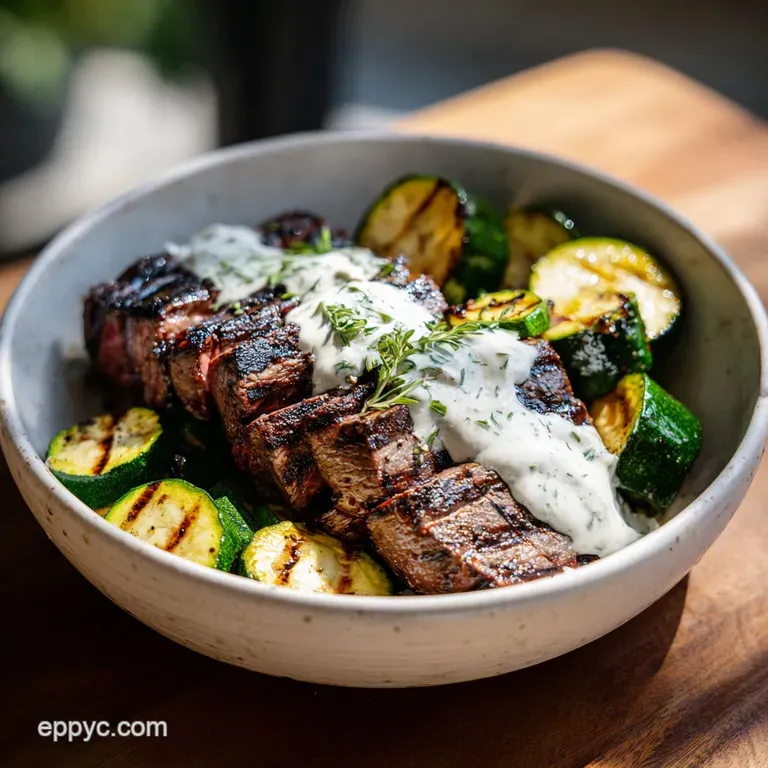 Perfectly plated steak bowl with glistening steak, grilled zucchini ribbons, and fluffy rice. An appealing, colorful compo...