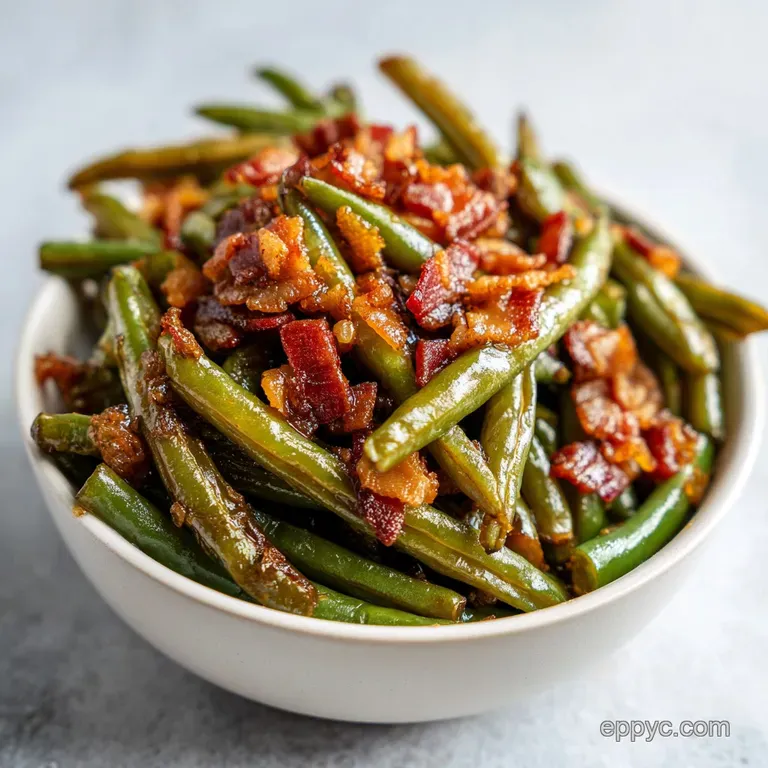 Vibrant green beans smothered in a creamy cheese sauce and crispy bacon, served in a clean white ceramic bowl.