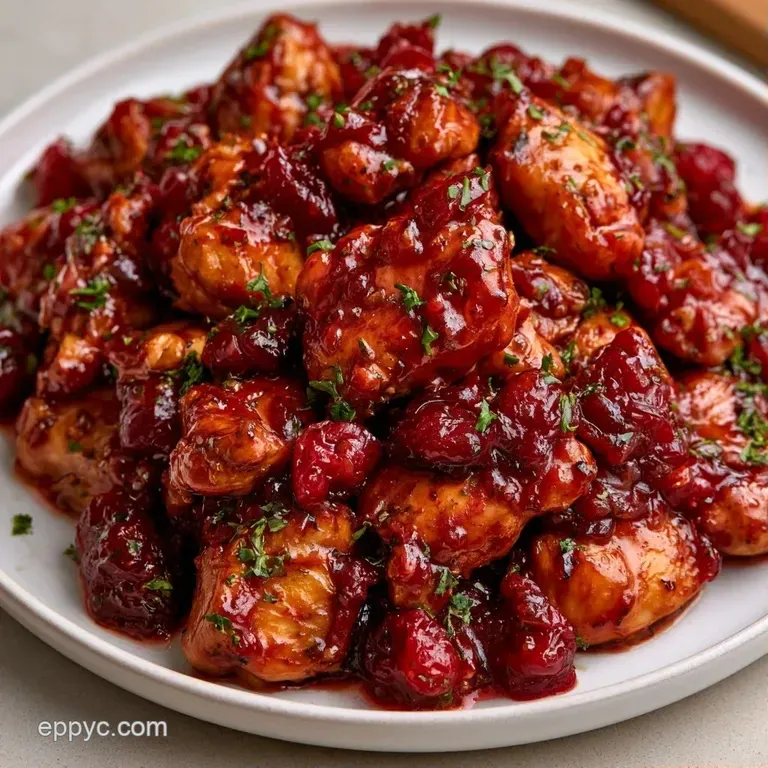 Sliced golden chicken topped with ruby-red cranberry sauce, elegantly plated with steamed greens on a white platter.