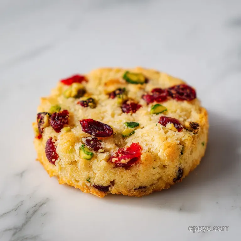 A neat stack of pale gold cookies with vibrant red berries and green nuts on a white marble plate with linen.