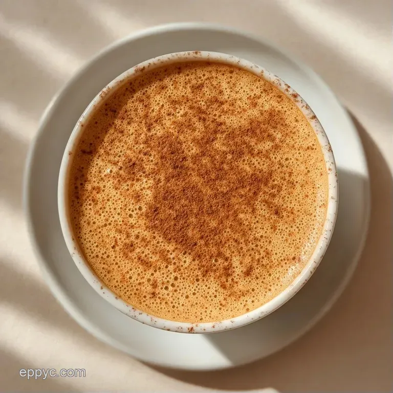A tall glass of layered coffee and creamy nut milk resting on a white saucer beside a few roasted coffee beans.