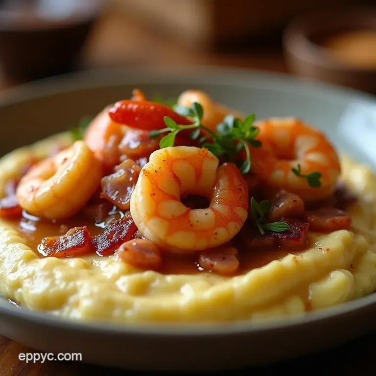 The Ultimate Creamy Lowcountry Shrimp and Grits with Smoky Bacon Gravy presentation