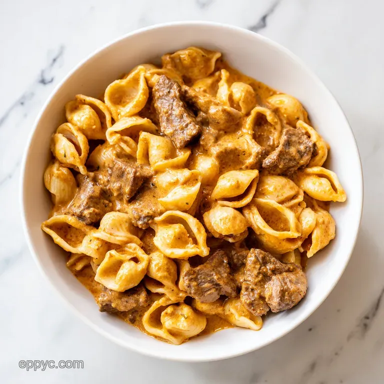 Hearty pasta shells and ground beef in a creamy sauce, served in a white bowl with a sprinkle of melted parmesan.