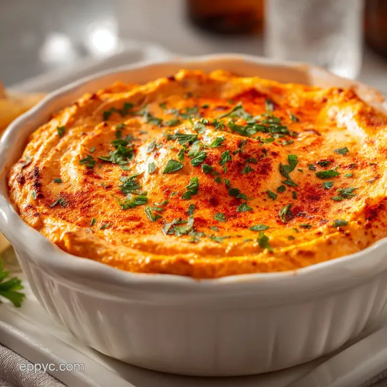 A warm scoop of cheesy buffalo chicken dip served in a rustic crock, ready to share.