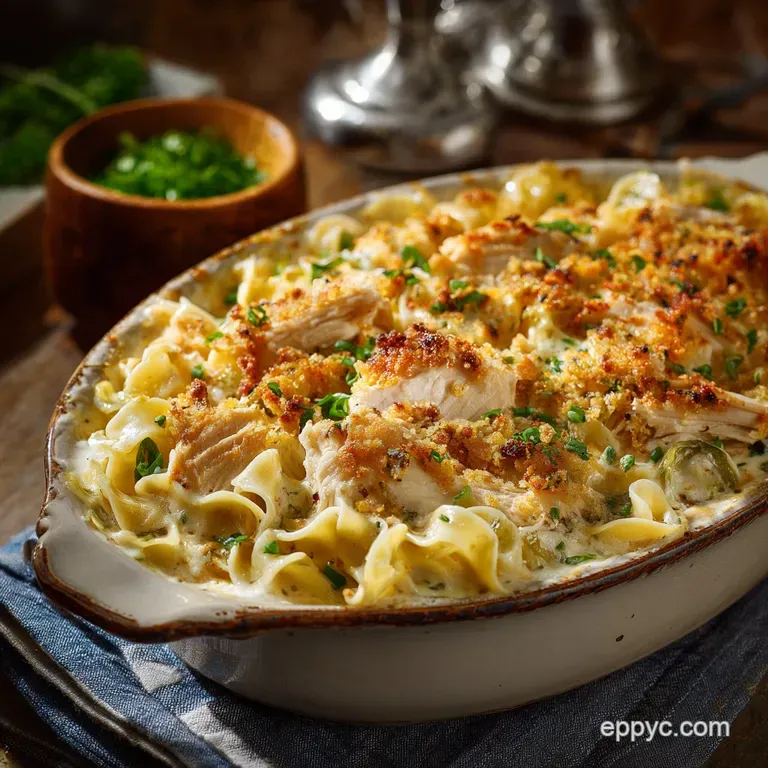 The Ultimate Creamy Chicken and Egg Noodle Bake presentation
