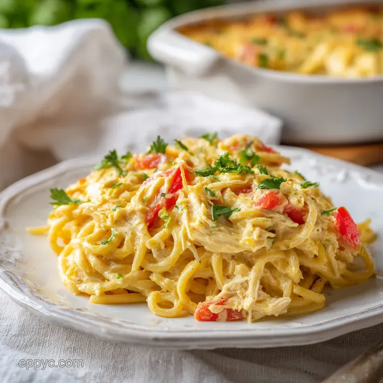 A comforting scoop of chicken spaghetti casserole, showcasing tender noodles and a rich sauce.