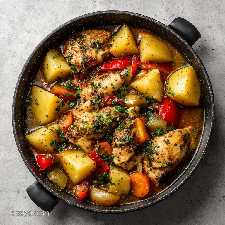 A steaming bowl of savory chicken stew, topped with fresh parsley and accompanied by crusty bread.