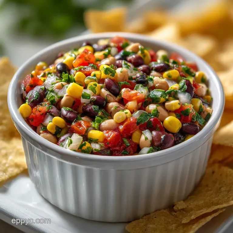 Cowboy Caviar dip served in a rustic bowl, overflowing with black-eyed peas and corn. Creamy, colorful, and ready to enjoy.