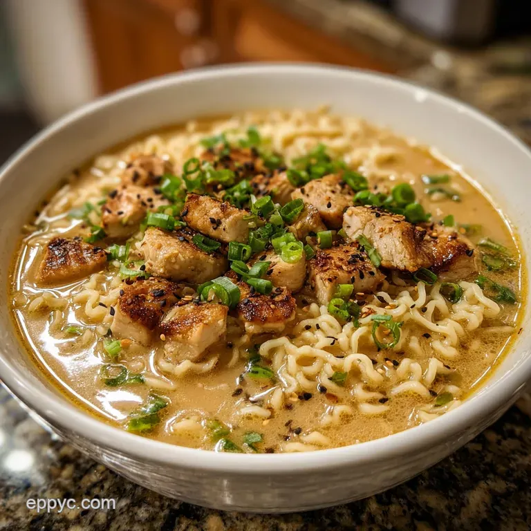 Glistening ramen noodles and juicy chicken pieces arranged artfully in a white bowl, sprinkled with herbs and a drizzle of...