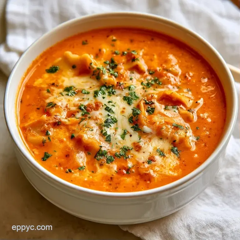 A white ceramic bowl filled with rich red soup, topped with a dollop of white ricotta and a golden garlic bread slice.