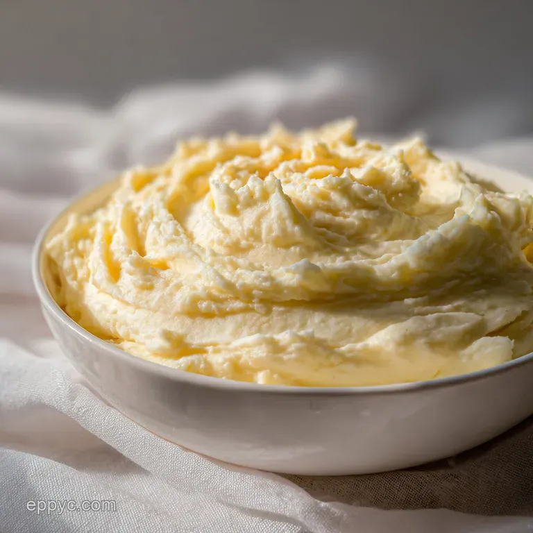 A generous scoop of velvety mashed potatoes, glistening with butter, sits on a white plate, garnished with fresh chives an...