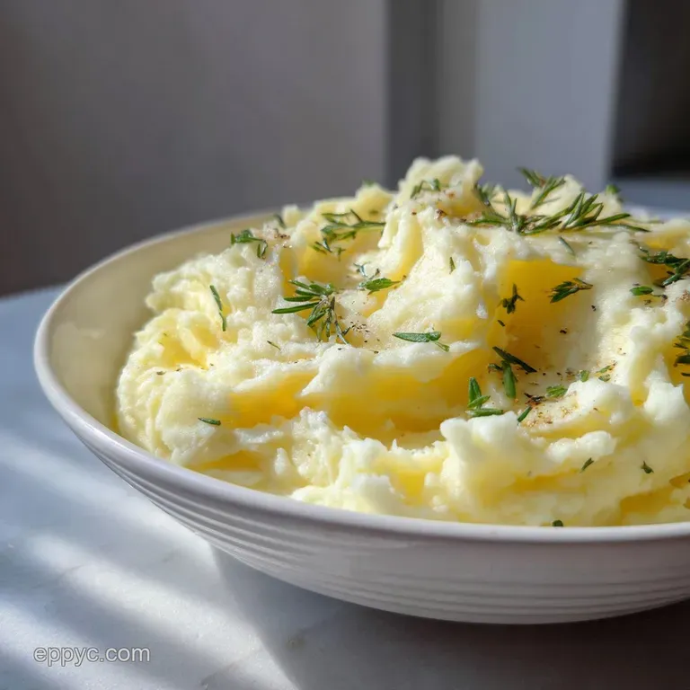 Elegant swirl of mashed potatoes plated, drizzled with melted butter and sprinkled with fresh chives. Creamy, smooth texture.