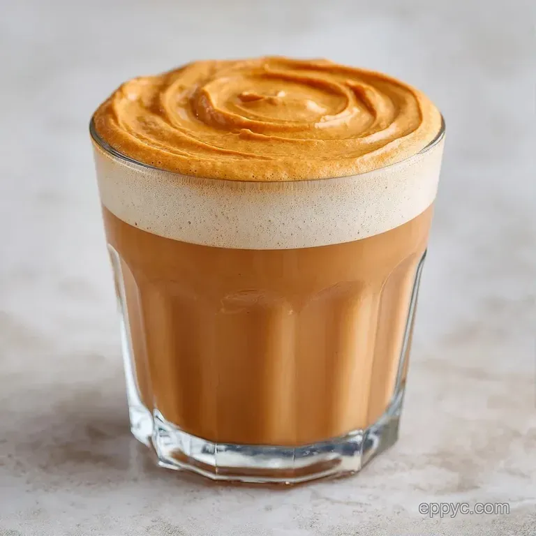 A tan-colored latte in a clear glass cup next to a wooden spoon and a small bowl of creamy, smooth peanut butter.