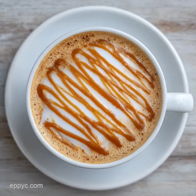 Frothy tan beverage in a crystal glass on a white tray, garnished with a drizzle of caramel and crushed nut pieces.