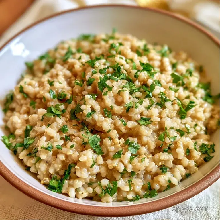 A mound of velvety, pale gold grains served in a shallow ceramic bowl, garnished with chopped bright green parsley.