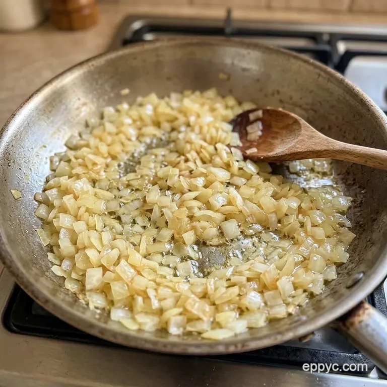 Sautéed translucent diced onions in a skillet.