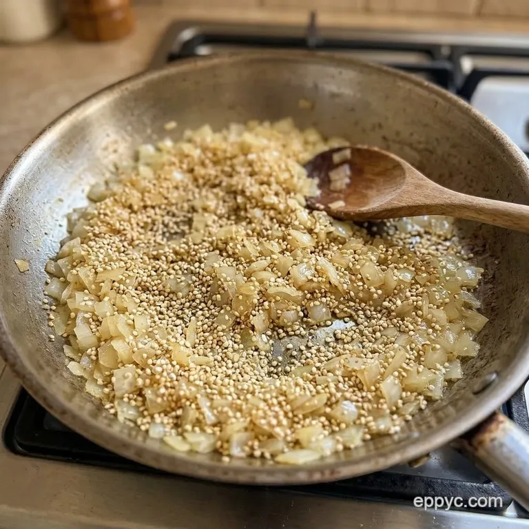 Toasted quinoa and onions in a skillet.