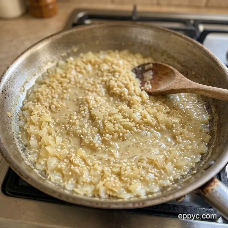 Creamy quinoa risotto in a skillet.