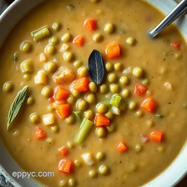 Creamy Slow Cooker Split Pea Soup with Herbed Croutons presentation