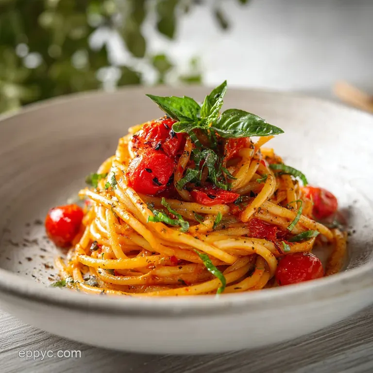 Close-up of gleaming pasta in rich tomato cream sauce, artfully plated. Garnished with fresh basil and a sprinkle of Parme...