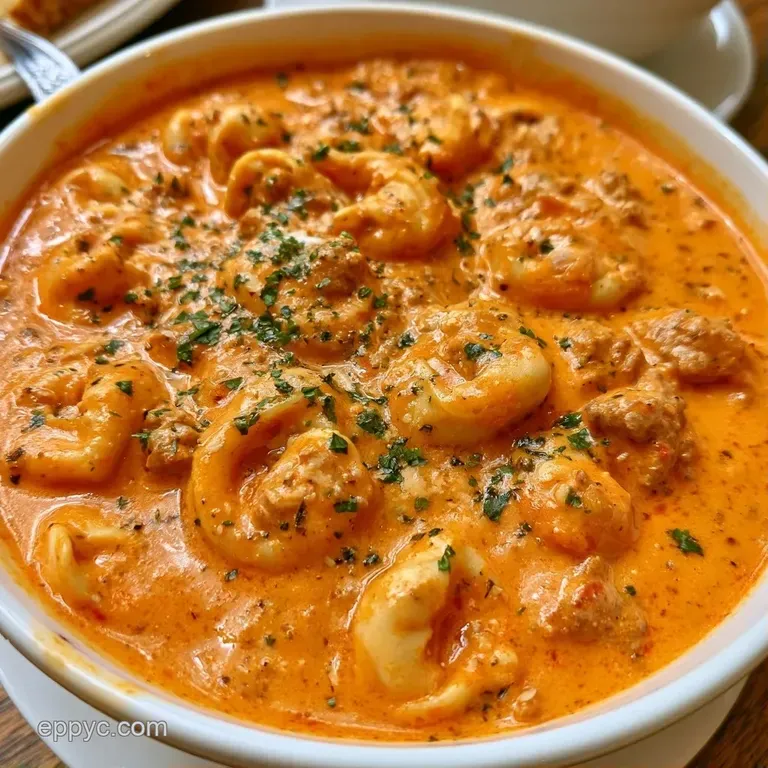 Vibrant orange-red soup served in a shallow bowl, garnished with fresh basil leaves and a drizzle of heavy cream.