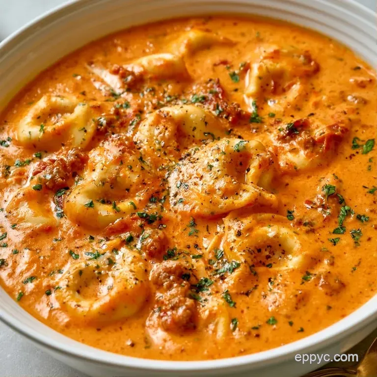 A white ceramic bowl of rich cream soup with cheese pasta, garnished with fresh parsley on a rustic wooden table.