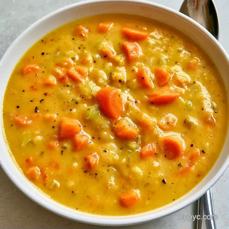 Thick, velvet-textured soup served in a white ceramic bowl, drizzled with olive oil and a sprig of fresh thyme.