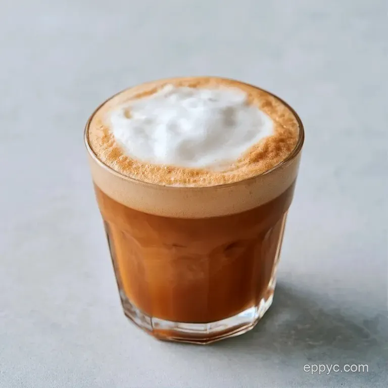 A chilled glass of coffee with a frothy top, paired with a vanilla bean pod on a white marble surface with soft light.