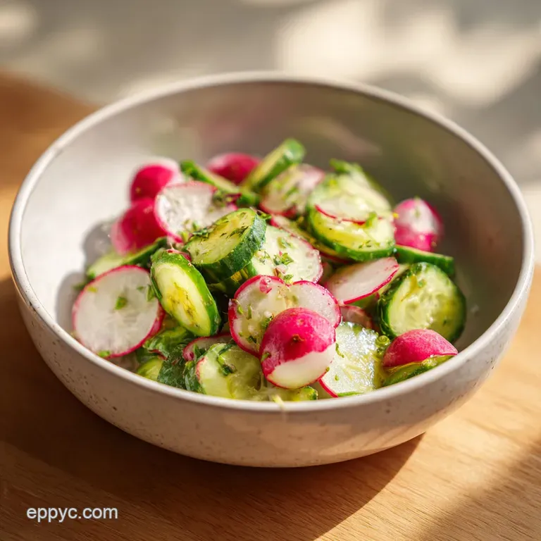 Delicate cucumber radish salad plated artfully with microgreens. Glass bowl showcasing the textures of cool, crisp vegetab...