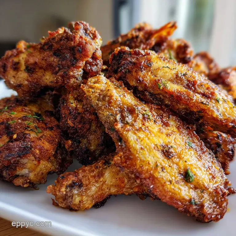 Pile of crispy, bronzed chicken wings, glistening with a light sheen, nestled in a rustic wooden bowl, ready to be devoured.