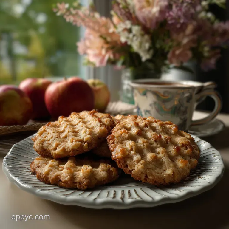 Flaky, golden pastry cookies stacked on a white plate, revealing a sweet apple filling, dusted with cinnamon sugar.