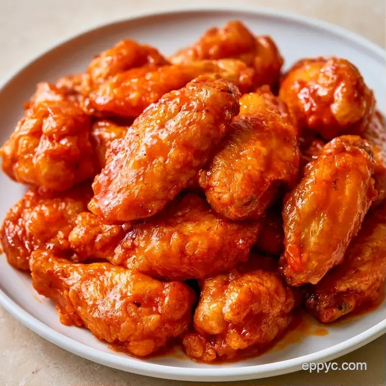 Vibrant orange glazed wings artfully arranged on a white platter with creamy dip and crisp, green celery stalks.