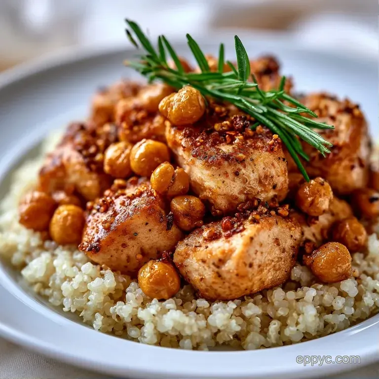 Elegant ceramic bowl with fluffy grains, charred chicken, sliced avocado, and a swirl of creamy lemon-tahini sauce.