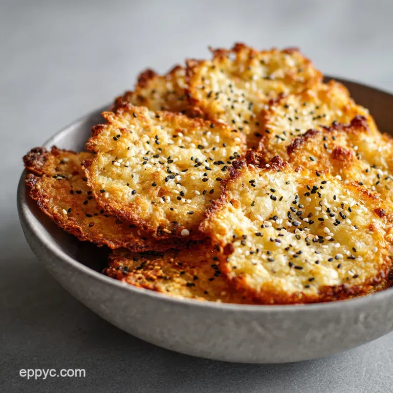 Golden-brown cheese crisps artfully piled on a slate platter, garnished with a sprig of fresh green parsley.