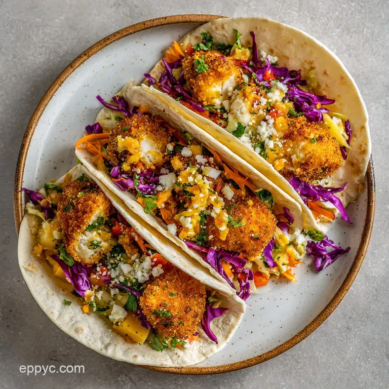 Stacked fish tacos on a wooden board. Crispy fried fish, shredded cabbage, and lime wedges add visual appeal and fresh fla...