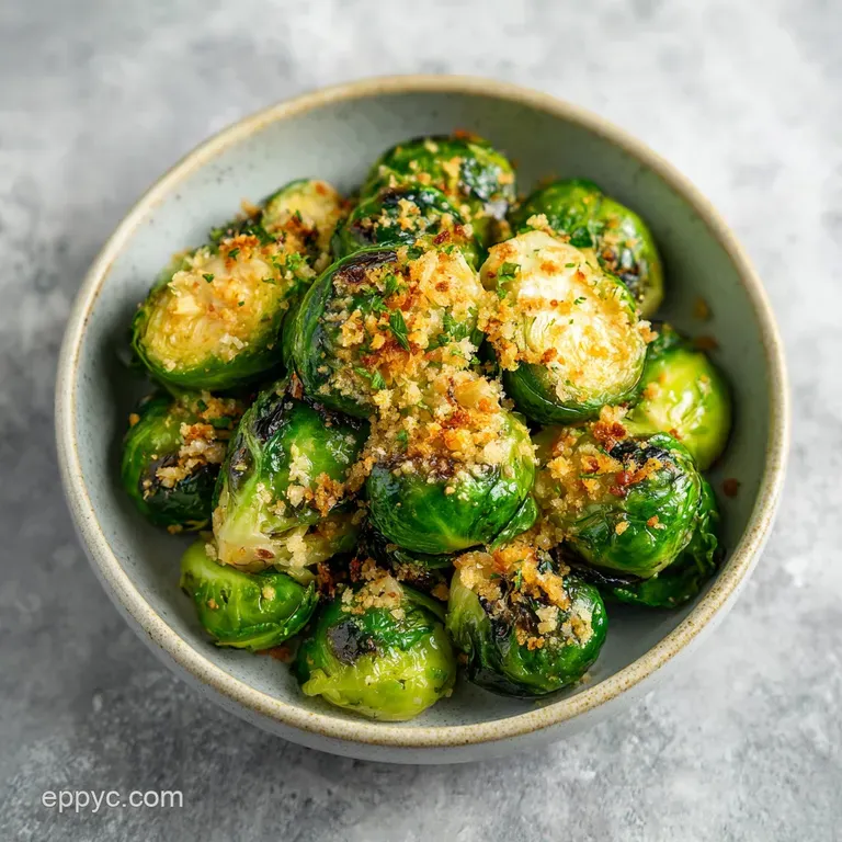 Golden-brown roasted sprouts in a minimalist white bowl, topped with shaved parmesan and fresh green parsley.