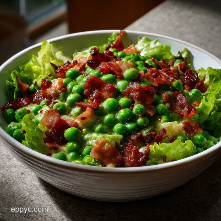 Elegant serving of pea salad, bright green peas alongside red onion and bacon. A light and refreshing appetizer.