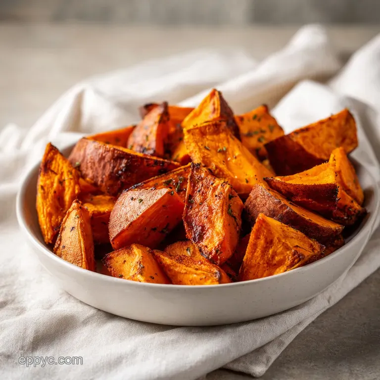 A rustic bowl overflowing with perfectly roasted sweet potatoes, showcasing their vibrant orange hue.