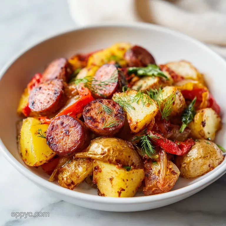 A vibrant plate showcasing tender sausage, jewel-toned peppers, and a scattering of fresh parsley.