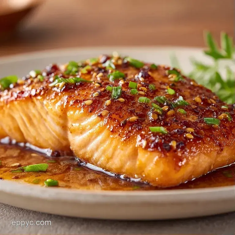 Seared salmon fillet with a glossy golden glaze, garnished with fresh parsley and lemon slices on a slate platter.