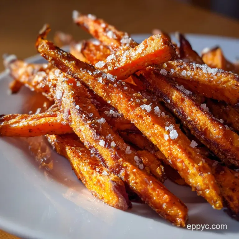 Perfectly arranged sweet potato fries, vibrant orange and subtly glistening, stacked neatly on a white plate with a creamy...