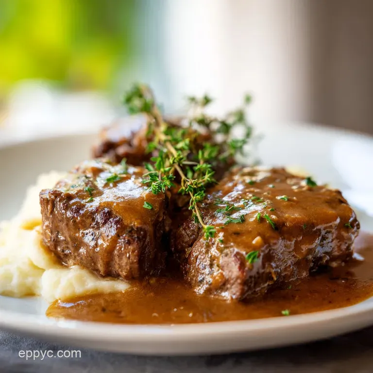 Creamy gravy coats a tender cube steak plated over mashed potatoes. Fresh parsley and cracked pepper add visual appeal.