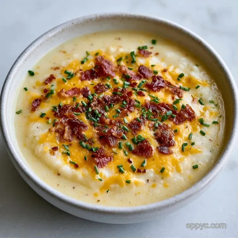 Velvety white soup in a white bowl, garnished with a swirl of cream, crispy bacon bits, and bright green scallions.