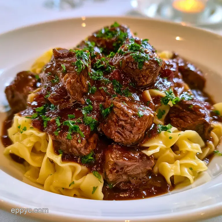 A white porcelain bowl filled with tender meat chunks and buttery egg noodles drenched in a glossy brown sauce.