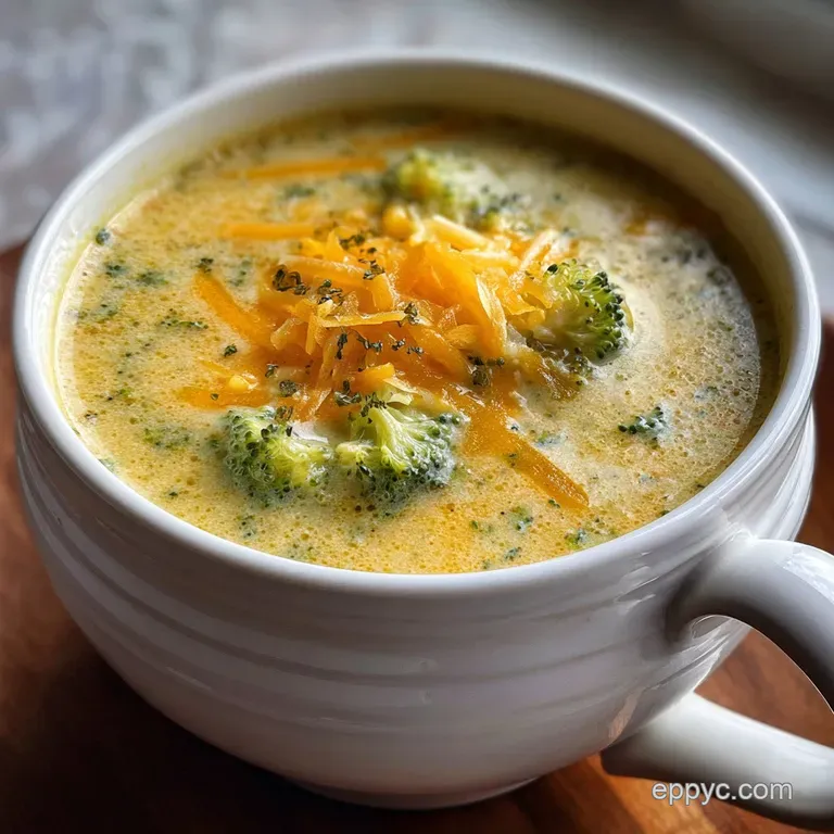 Ladle of thick broccoli cheese soup poured into a rustic bowl, topped with croutons, herbs, and a drizzle of cream.